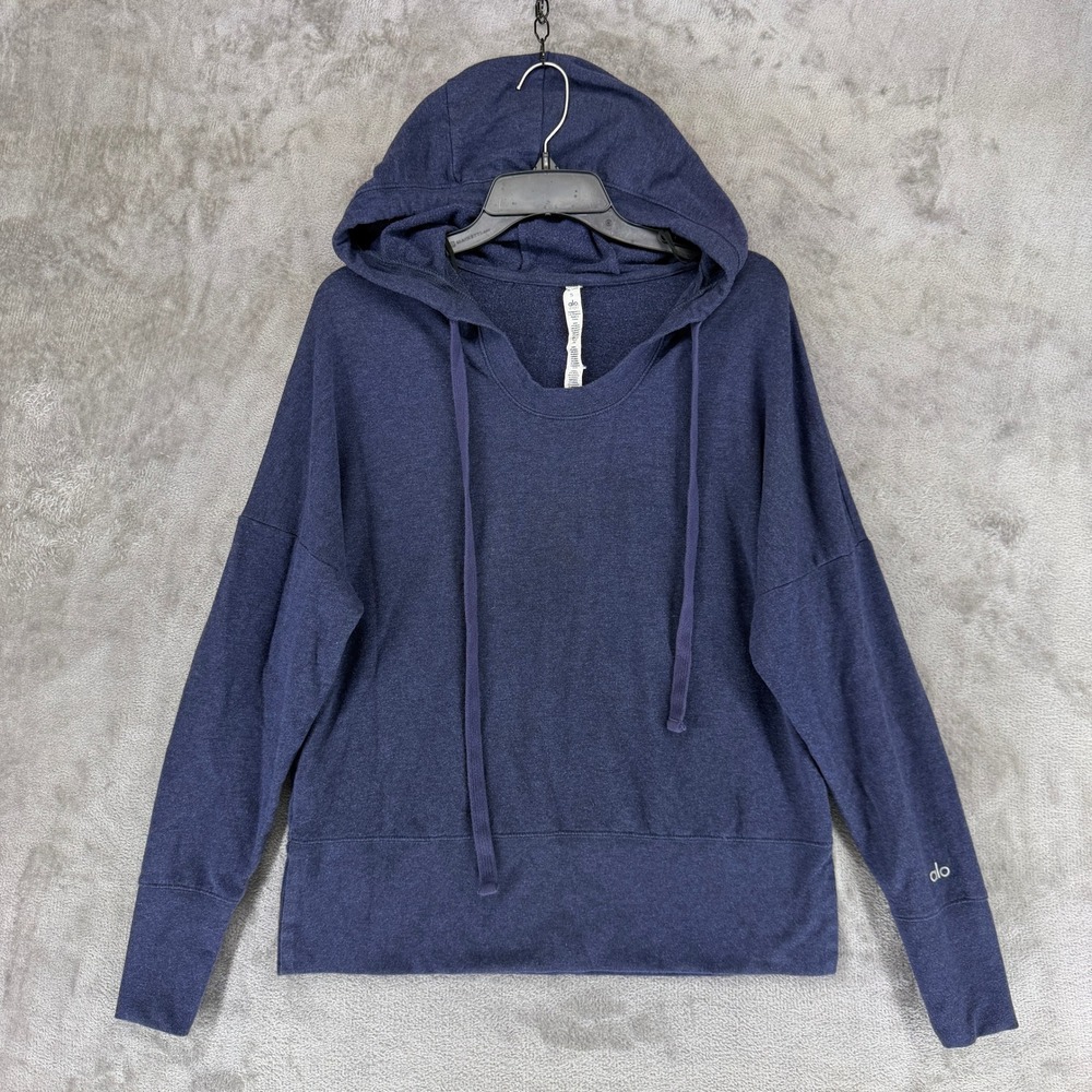 Alo Yoga Low Key Hoodie Navy Blue Heathered‎ Scoop Neck Sweatshirt Womens Small